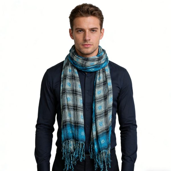 2pcs Extra Long Scarf,Turquoise Jacquard Crinkle Scarf,Cool Tone Jacquard Pattern On Crinkle Base,Versatile Everyday Scarf ,Pairs With All Casual Outfits,Office Appropriate Subtlety For Women Men