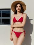 2026 New Solid Red Halter Triangle Bikini Set, Adjustable Side Tie High Cut Two Piece Bathing Suit