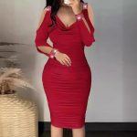 Rhinestone V-neck Pleated Tight Skirt Sheath Off-the-shoulder Dress