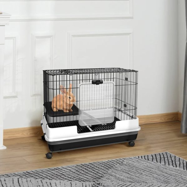 PawHut 2-Level Small Animal Cage Rabbit Hutch With Wheels, Removable Tray, Platform And Ramp For Bunny, Chinchillas, Ferret, Black