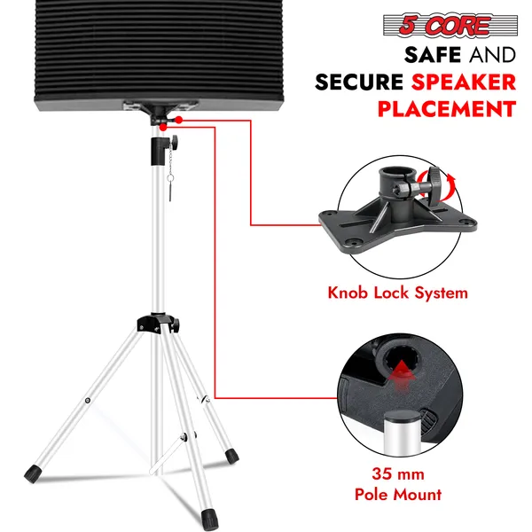 5 Core Speaker Stand Tripod Floor Heavy Duty Adjustable Up To 72 Inch DJ Studio Monitor Stands Pole Mount - SS HD WH BAG