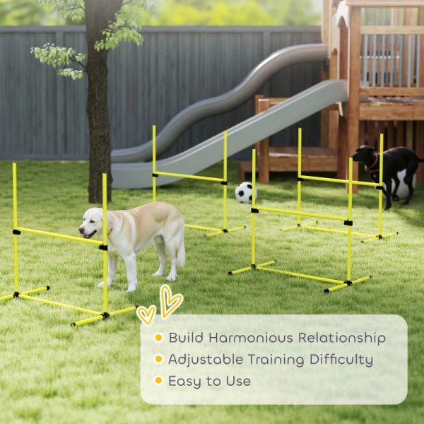 4 Piece Dog Agility Set With Adjustable Height Bars, Carry Bag, Displacing Top Bar, Yellow Yellow
