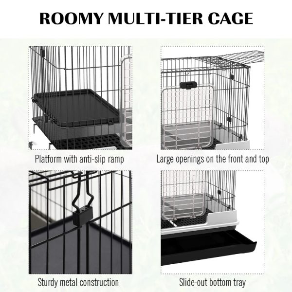 PawHut 2-Level Small Animal Cage Rabbit Hutch With Wheels, Removable Tray, Platform And Ramp For Bunny, Chinchillas, Ferret, Black