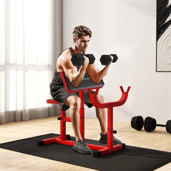 Soozier 265 LBS Preacher Curl Bench For Strength Training, Adjustable Seated Arm Isolated Barbell Dumbbell Bicep Station, Red