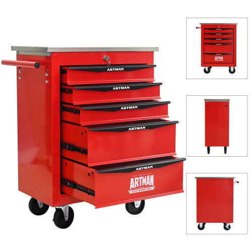 5 Drawers Multifunctional Tool Cart With Wheels,Metal Rolling Tool Cart Storage For Garage Workshop Warehouse Repair Shop--With Stainless Steel Roof--Red  Black