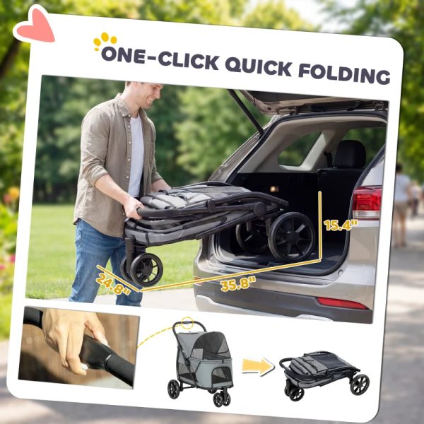 3 Wheel Pet Stroller With Easy One-Click Quick Fold, Mesh Window, Washable Cushion, For Medium Dogs, Gray