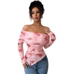 One-shoulder Slim Fit Slimming Ruffled Hem Irregular Versatile Printed Top