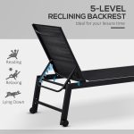 Outdoor Chaise Lounge with Wheels, Five Position Recliner for Sunbathing, Suntanning, Steel Frame, Breathable Fabric for Beach, Yard, Patio, Black