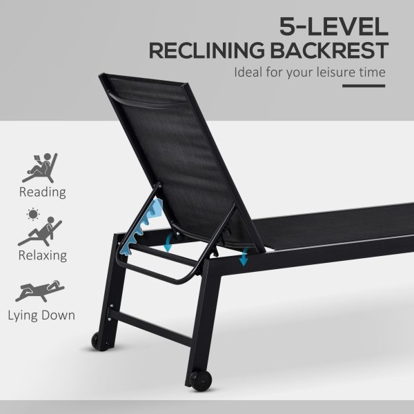 Outdoor Chaise Lounge with Wheels, Five Position Recliner for Sunbathing, Suntanning, Steel Frame, Breathable Fabric for Beach, Yard, Patio, Black