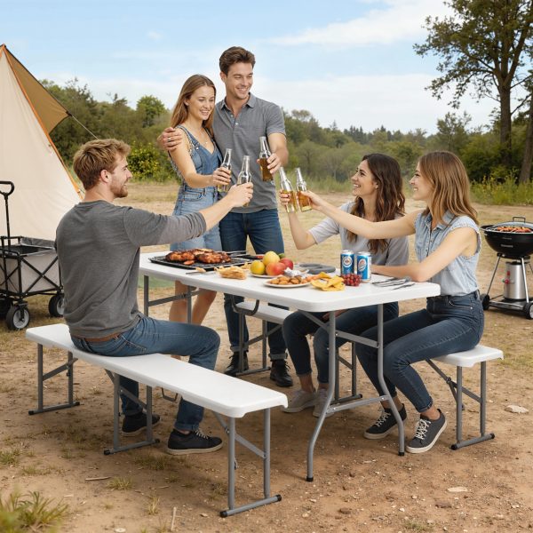 6FT 3 PCS Portable Camping Table and Chairs, Folding Picnic Table Bench Set with Carrying Handles for BBQ, Party, White