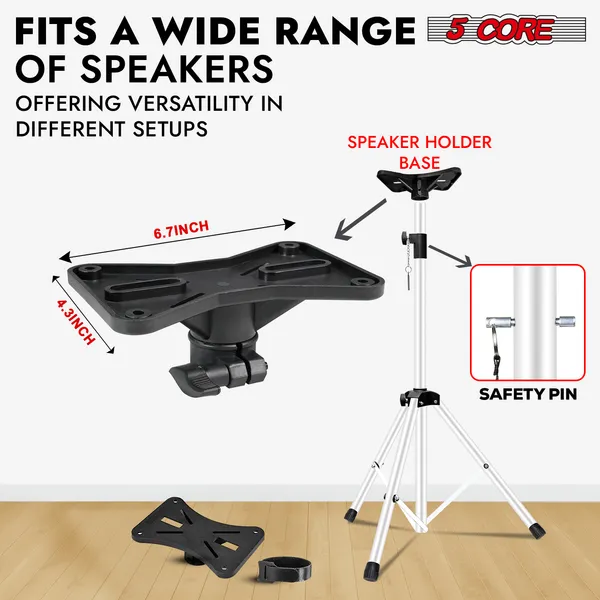 5 Core Speaker Stand Tripod Floor Heavy Duty Adjustable Up To 72 Inch DJ Studio Monitor Stands Pole Mount - SS HD WH BAG
