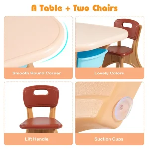 Brown Kids Table And 2 Chairs Set With 4 Storage Boxes, Toddler Activity Table For Drawing Playing Eating, Children Furniture For Indoor Outdoor
