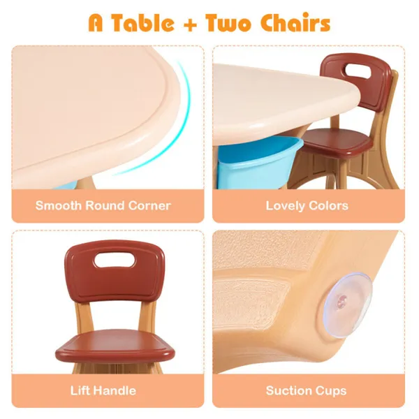 Brown Kids Table And 2 Chairs Set With 4 Storage Boxes, Toddler Activity Table For Drawing Playing Eating, Children Furniture For Indoor Outdoor