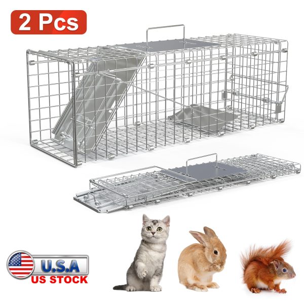 2Pcs 24X7.48X8.27IN Folding Humane Live Animal Trap Cages Easy To Catch And Release Foldable Cat Trap Galvanized Steel For Small Cats Squirrels Rabbits Hedgehog Chipmunk
