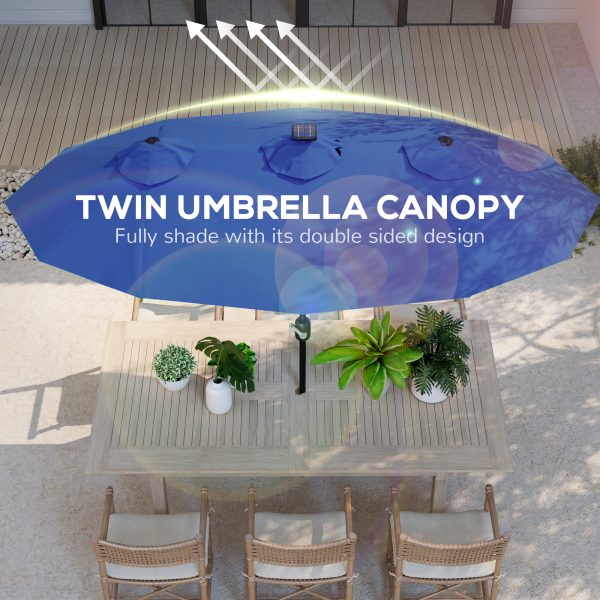 Double-sided Patio Umbrella, 9.7 Outdoor Umbrella with Tilt and Crank, LED Solar Light and 12 Ribs, Navy Blue