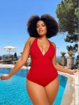 Red Halter V-Neck Ruched One Piece Swimsuit