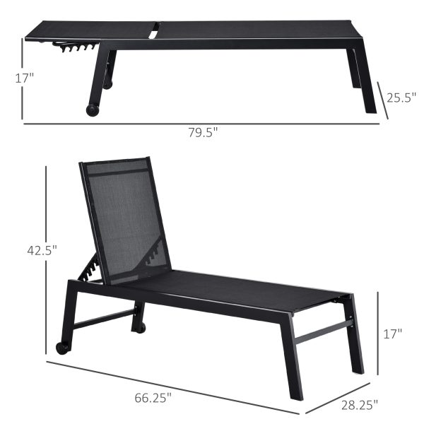 Outdoor Chaise Lounge with Wheels, Five Position Recliner for Sunbathing, Suntanning, Steel Frame, Breathable Fabric for Beach, Yard, Patio, Black