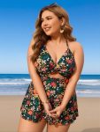 2026 New Plus Size Women's Sexy Fashion Vintage Floral Halter Twist One-Piece Swimdress For Vacation & Leisure