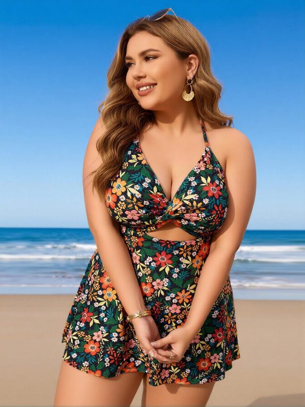 2026 New Plus Size Women's Sexy Fashion Vintage Floral Halter Twist One-Piece Swimdress For Vacation & Leisure