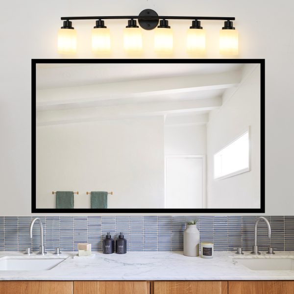 39 Modern 6-Light Vanity Bathroom Mirror Light, Frosted White Glass With Black Iron Frame, Contemporary Wall Sconce For Bedroom, Bathroom, And Dressing Room No Bulbs