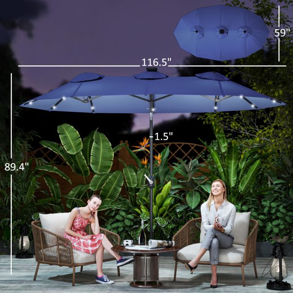 Double-sided Patio Umbrella, 9.7 Outdoor Umbrella with Tilt and Crank, LED Solar Light and 12 Ribs, Navy Blue