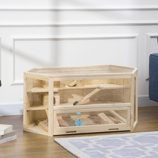 Wooden Large Hamster Cage Small Animal Exercise Play House 3 Tier with Tray, Seesaws, Water Bottle, Activity Center, Natural