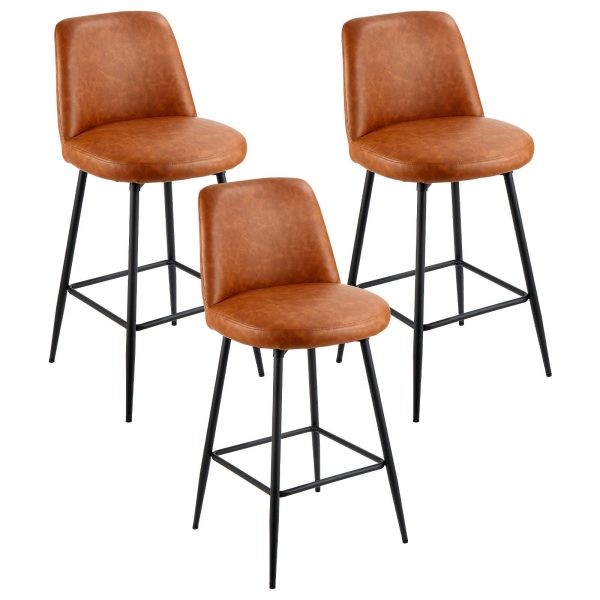 Bar Stool Set Of 3, 27 Inch Counter Height Swivel Stools, Modern PU Leather Counter Barstool With Backrest And Metal Legs, Armless Bar Chair, Island Barstool For Kitchen, Dining Room, Brown