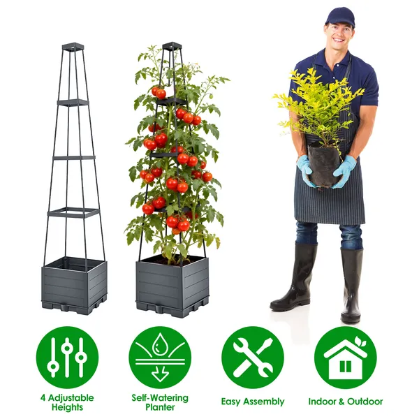 2Pack Raised Garden Bed Boxes With Trellis 56" Tomato Self-Watering Planter Box Indoor Outdoor With 4 Adjustable Heights 10 Clips 65FT Ties For Climbing Vegetables Flowers Vines