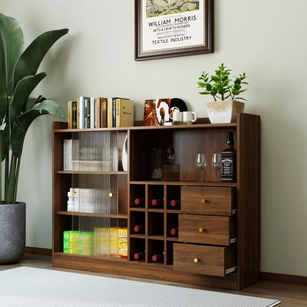 Sideboard With 2 Sliding Striped Glass Doors, Freestanding Countertop Storage Cabinet For Bottles, Wine And So On