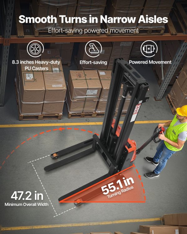 Full Electric Pallet Stacker, 3300 Lbs Capacity, Pallet Lift Stacker Forklift With Straddle Legs & Forks, 96.06 Inches Lifting Height & 8.66-31.1 Inches Adjustable Fork Width, Orange & Black