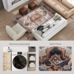 Area Rug 5x7, Machine Washable Rug, Non-Slip Boho Print Pattern Medallion Carpet for Living Room, Bedroom, Tawny Brown
