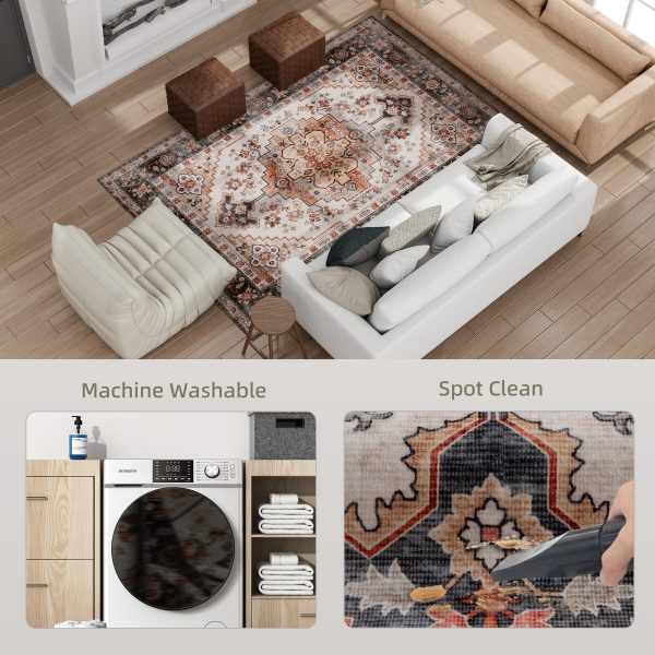 Area Rug 5x7, Machine Washable Rug, Non-Slip Boho Print Pattern Medallion Carpet for Living Room, Bedroom, Tawny Brown