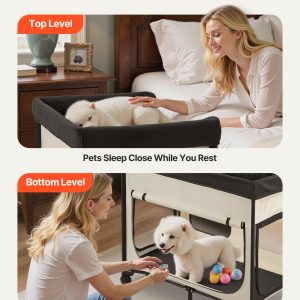 Elevated Lounge Pet Bed, Foldable Bunk Dog Bed With 600D Oxford Cloth And Dutch Velvet, Portable Raised Cot With Wheels, Side Storage Bags, And Carry Bag For Cats & Dogs, XL, Beige