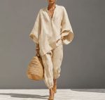 2026 New Hot-selling Loose Pure-colored  V-neck Batwing Sleeve Casual Suit