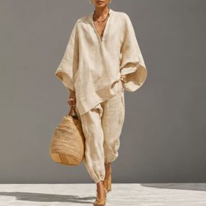 2026 New Hot-selling Loose Pure-colored  V-neck Batwing Sleeve Casual Suit