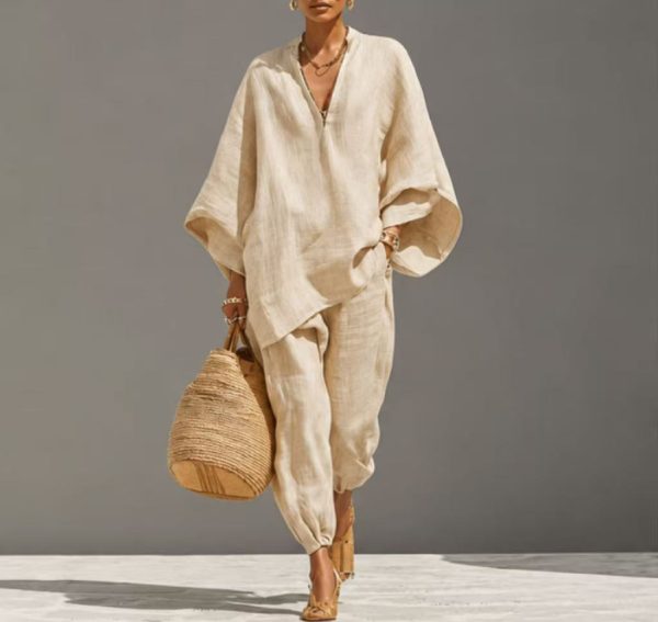 2026 New Hot-selling Loose Pure-colored  V-neck Batwing Sleeve Casual Suit