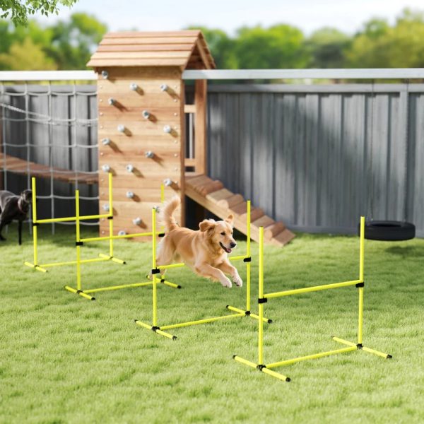 4 Piece Dog Agility Set With Adjustable Height Bars, Carry Bag, Displacing Top Bar, Yellow Yellow