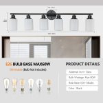 39 Modern 6-Light Vanity Bathroom Mirror Light, Frosted White Glass With Black Iron Frame, Contemporary Wall Sconce For Bedroom, Bathroom, And Dressing Room No Bulbs