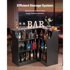 Home Bar Unit, L-Shaped Wine Bar Cabinet Table 4-Tier With Storage Shelves,  Wine Glass Holder, 300 Lbs Max Capacity, Wood Liquor Cabinet For Home, Kitchen, Living Room, Pub, Basement, Black
