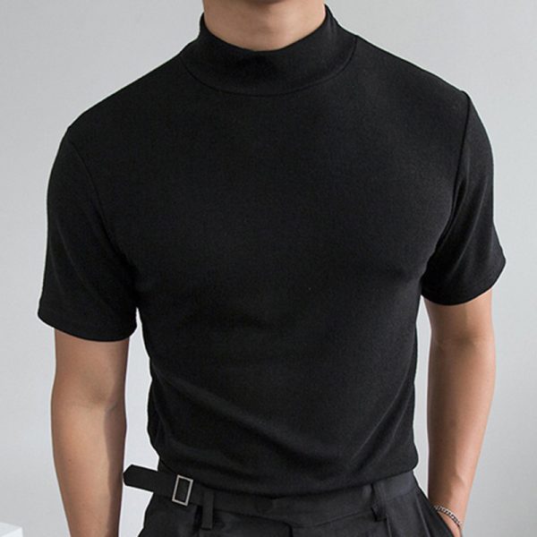 Summer Solid Color Short Sleeve Fashion Bottoming Shirt Men's Tight Turtleneck T-shirt