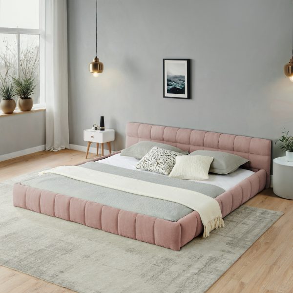 California King Size Upholstered Bed Frame With Thick Fabric, Chenille Fabric Grounded Queen Size Platform Bed With Headboard And Solid Frame. No Box Spring Needed-Pink90.5 X80.5x 31