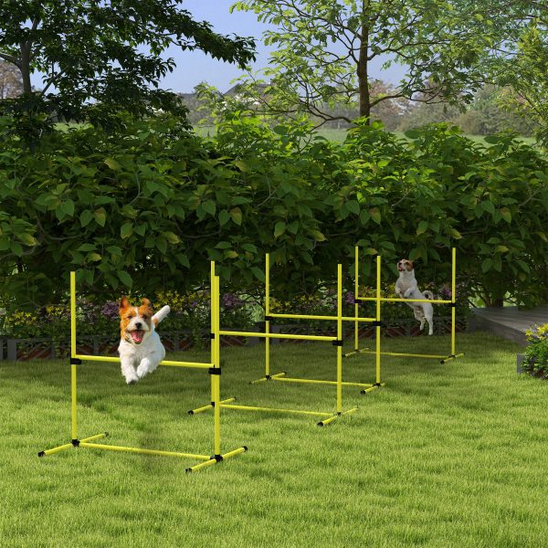 4 Piece Dog Agility Set with Adjustable Height Jump Bars, Carry Bag, Displacing Top Bar, Yellow Yellow