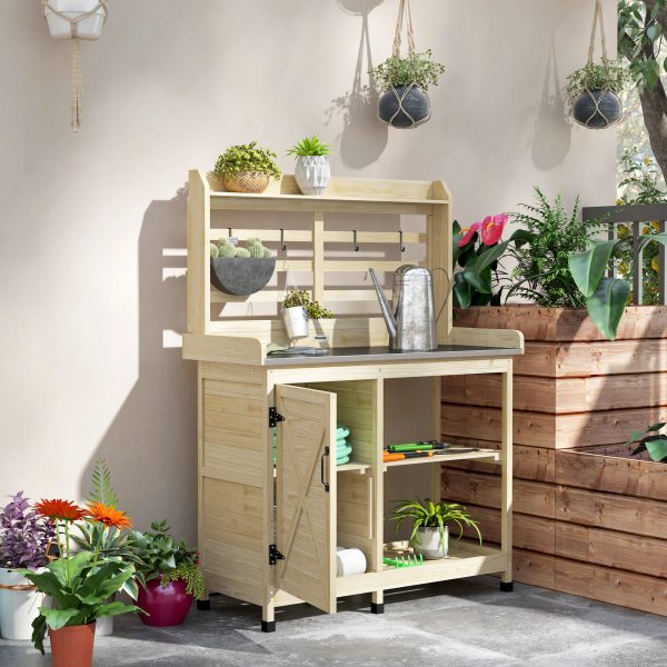 Wooden Potting Bench with Storage, Sink, Water Tap for Backyard, Patio, Balcony, Natural