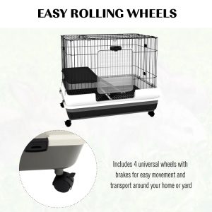 PawHut 2-Level Small Animal Cage Rabbit Hutch With Wheels, Removable Tray, Platform And Ramp For Bunny, Chinchillas, Ferret, Black