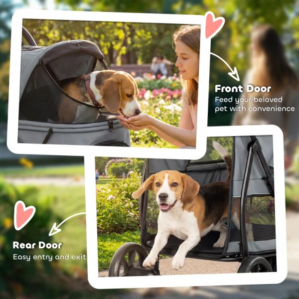 3 Wheel Pet Stroller With Easy One-Click Quick Fold, Mesh Window, Washable Cushion, For Medium Dogs, Gray