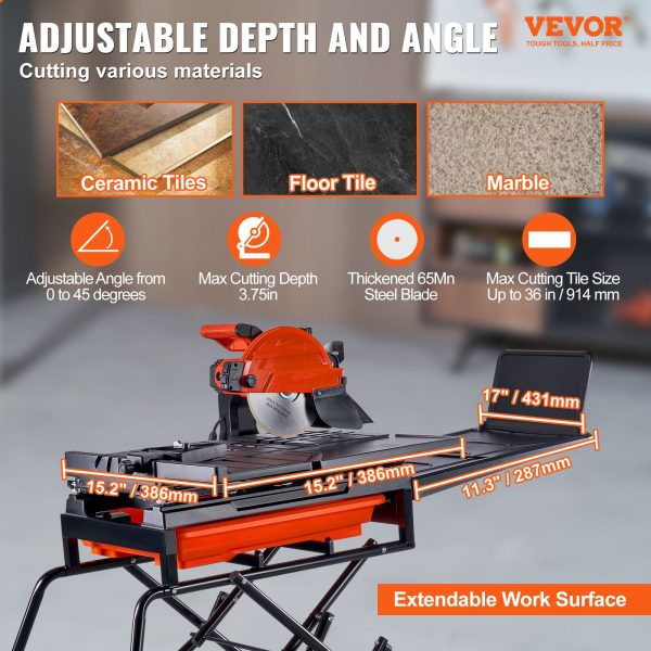 Wet Tile Saw With Stand, 10-inch 65Mn Steel Blade, 4500 RPM Motor, Tile Cutter Wet Saw With Water Reservoir And Casters, 0-45 Degrees Miter Angle For Cutting Tiles, Floor Tiles, And Stones