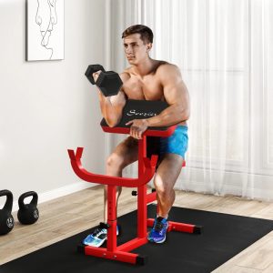 Soozier 265 LBS Preacher Curl Bench For Strength Training, Adjustable Seated Arm Isolated Barbell Dumbbell Bicep Station, Red
