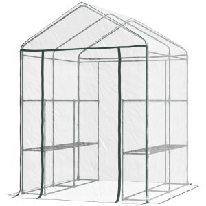 Mini Walk-in Greenhouse Kit, Portable Green House With 3 Tier Shelves, Roll-Up Door, And Weatherized Plastic Cover For Backyard Garden, Clear