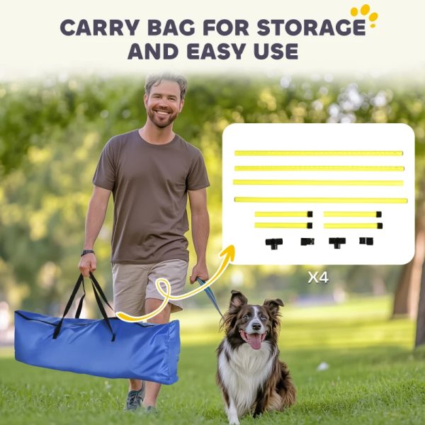 4 Piece Dog Agility Set With Adjustable Height Bars, Carry Bag, Displacing Top Bar, Yellow Yellow