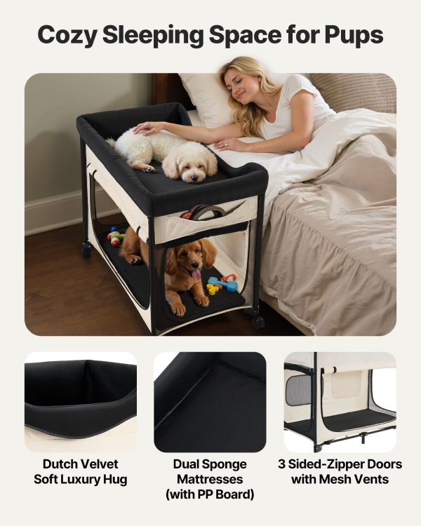 Elevated Lounge Pet Bed, Foldable Bunk Dog Bed With 600D Oxford Cloth And Dutch Velvet, Portable Raised Cot With Wheels, Side Storage Bags, And Carry Bag For Cats & Dogs, XL, Beige